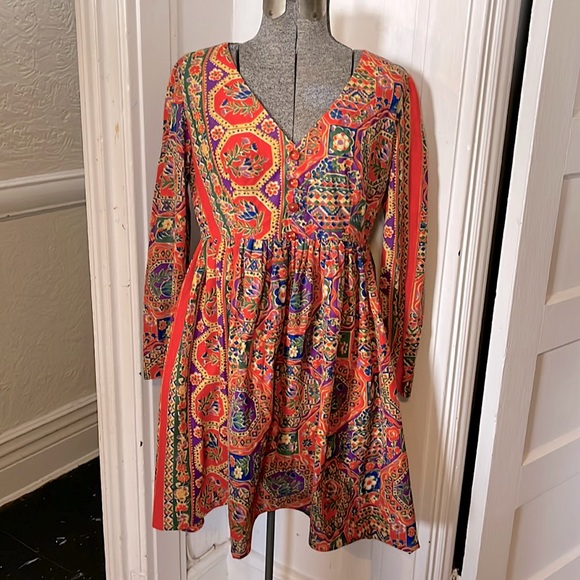 VTG 60s 70s ORANGE BROWN RED PSYCHEDELIC FLORAL BOHO MOD FLOUNCE MAXI DRESS 8 10
